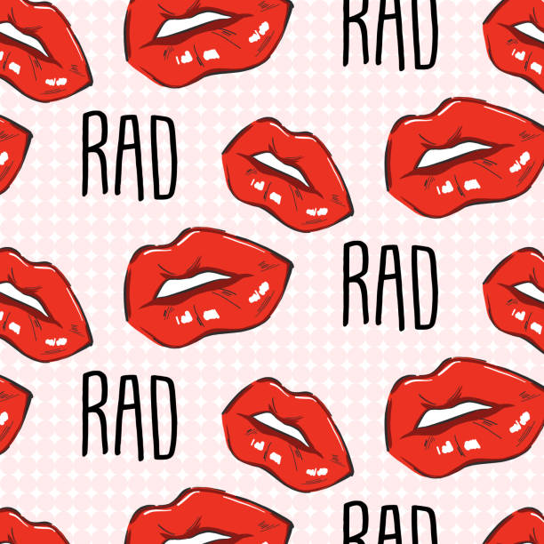 ilustraciones, imágenes clip art, dibujos animados e iconos de stock de los labios rojos rad cita. labios de arte pop adolescente con texto de eslogan feminista. ilustración de moda de dibujo moderno. patrón dibujado a mano por boca de belleza. - teen pop