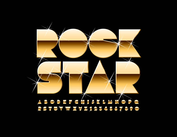 Vector golden poster Rock Star. Elite Alphabet Letters, Numbers and Symbols with glitter Luxury sparkling Font rock musician stock illustrations