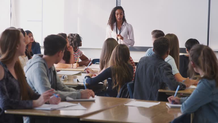 Female High School Teacher Asking Question Standing By Interactive Whiteboard Teaching Lesson