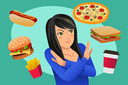 A vector illustration of Woman Refusing Fast Food Temptation