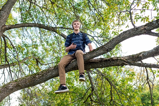 The image displays a happy student sitting on a tree branch while listening to music through his headphones.