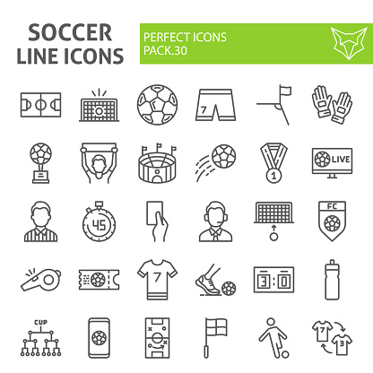 Soccer line icon set, football symbols collection, vector sketches, logo illustrations, sport game signs linear pictograms package isolated on white background, eps 10.
