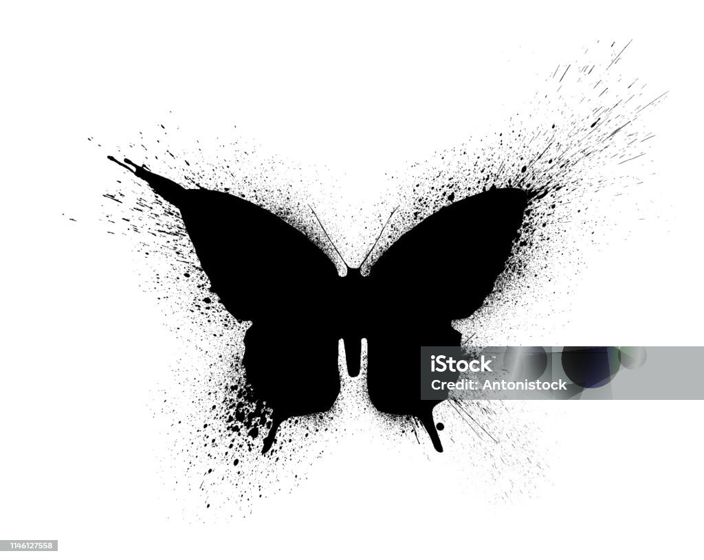 Black silhouette of a butterfly with paint splashes and blots, isolated on a white background. Butterfly - Insect Stock Photo