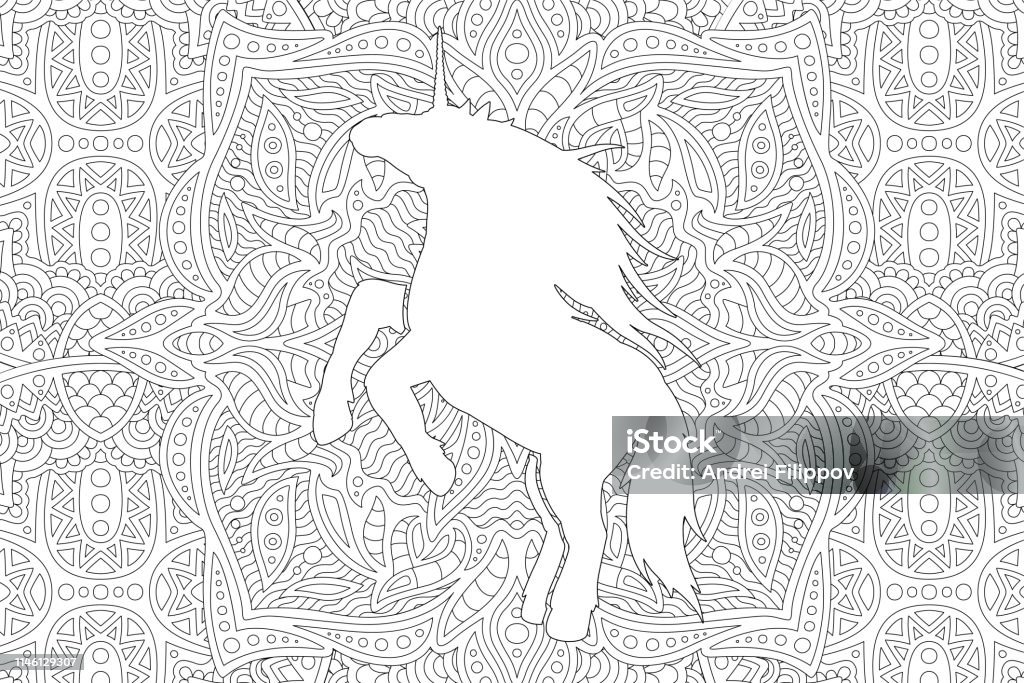 Coloring book page with white unicorn silhouette Beautiful coloring book page with white unicorn silhouette on beautiful linear monochrome pattern Abstract stock vector