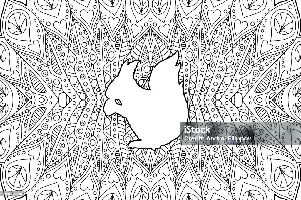 Coloring book page with white squirrel silhouette Coloring book page with white squirrel silhouette on beautiful linear pattern Abstract stock vector