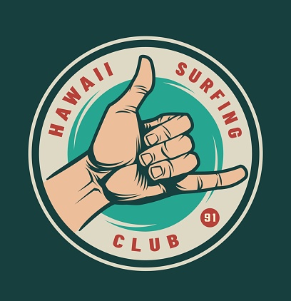 Vintage surfing club logotype with male hand showing surfer shaka sign isolated vector illustration
