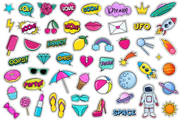 Vector illustration of Modern cute colorful patch set. Fashion patches of cherry, strawberry, watermelon, lips, rose flower, rainbow, hearts, comic bubbles etc. Cartoon 80s-90s style.