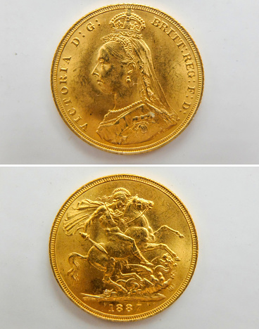 Six full sovereign and two half sovereign coins,dated from 1885 through 1913.