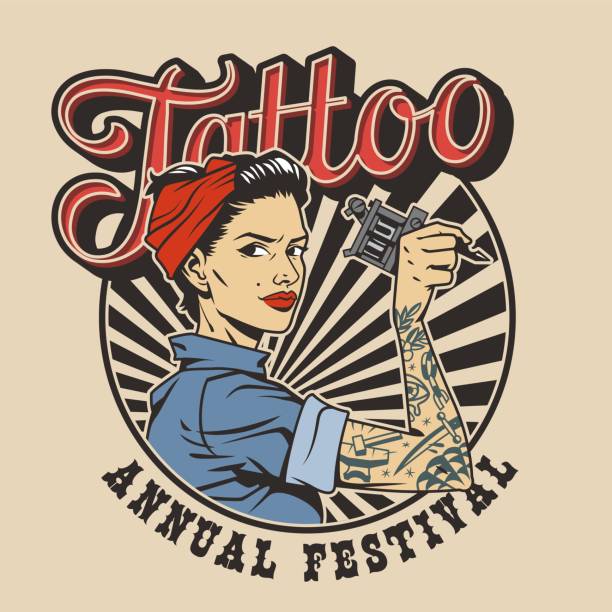 Vintage colorful tattoo festival label Vintage colorful tattoo festival label with pin up attractive woman in uniform and bandana holding wrench isolated vector illustration woman tattoos stock illustrations