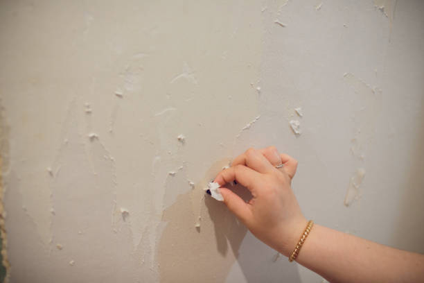 istock Female construction worker removing wallpaper during flat renovation works. 1146136621