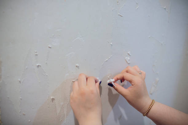 istock Female construction worker removing wallpaper during flat renovation works. 1146136628