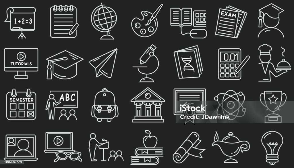 Education icons in outline lineart style Vector illustration of a set of Education icons in outline lineart style. Includes lot's of design elements. Fully editable. EPS 10. Art stock vector