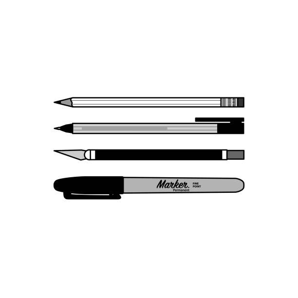 Pen and Knife Writing utensils and utility knife permanent marker stock illustrations