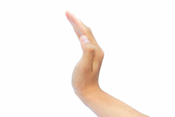 istock Close up of single hand isolated on white of a Caucasian male or human trying to help some one imagery. 1146143473