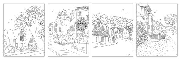 illustrations, cliparts, dessins animés et icônes de ensemble de quatre illustrations de quartiers de banlieue - middle class illustrations