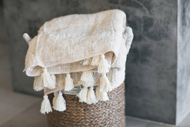 istock Wicker basket with linen cover. 1146153910
