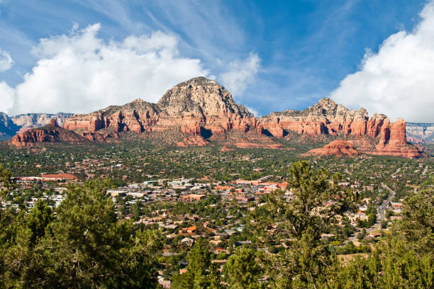 Capitol Butte and Sedona The American Southwest has some amazing landscapes, especially the rock formations. In the late evening, as the sun sets, the red rocks take on an even more colorful glow. This view of Capitol Butte and the town was taken from Airport Mesa in Sedona, Arizona, USA. jeff goulden sedona stock pictures, royalty-free photos & images