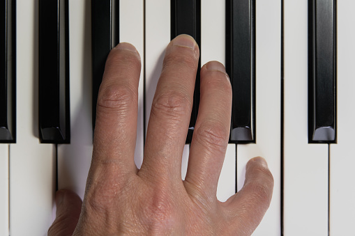 Piano Keyboard and Hand. Close Up, Top View. Playing Piano, Music Instrument, Music Lessons, Concept