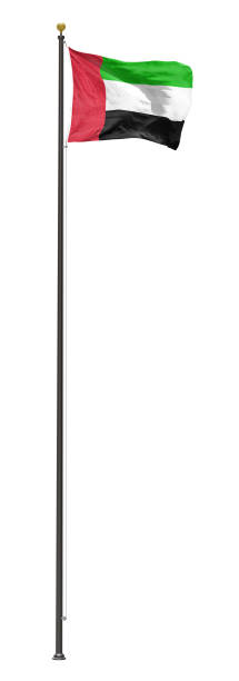 United Arab Emirates flag flying on a tall flagpole, isolated on a white background United Arab Emirates flag on a pole, isolated on a white background uae flag isolated stock pictures, royalty-free photos & images