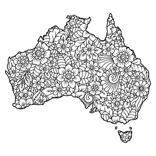 zarys mapy australii wypełnionej wysokim szczegółowym kwiatowym wzorem. ornament kwiatowy w orientalnym stylu mehndi. doodle kolorowanka strony. - coloring book coloring book australia stock illustrations