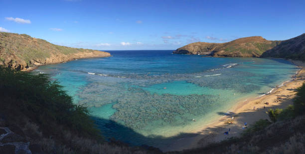 vista panorámica de la bahía de hanauma en la isla de o'ahu, hawái - hanauma bay fotografías e imágenes de stock