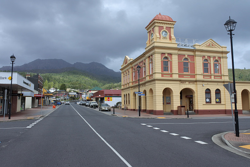 Queenstown, Tasmania - March 27, 2019: Cityscape of Queenstown. Queenstown's history has long been tied to the mining industry and today a very popular travel destination in Tasmania, Australia.