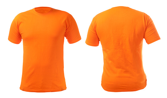 Orange t-shirt mock up, front and back view, isolated. Plain orange shirt mockup. Tshirt design template. Blank tee for print