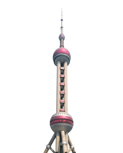 Photo of Shanghai Oriental pearl TV tower building isolated on white background in Shanghai Downtown skyline, China