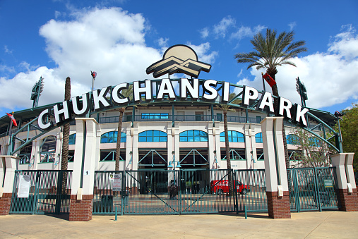 Fresno, California, USA - April 16, 2019: Daytime view of Chukchansi Park in the heart of Downtown Fresno. It is the home field for the Pacific Coast League, Fresno Grizzlies the Triple-A affiliate of the Washington Nationals