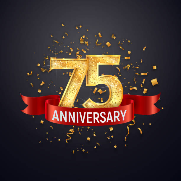 75 years anniversary template on dark background. Seventy five celebrating golden numbers with red ribbon vector and confetti isolated design elements. 75 years anniversary template on dark background Seventy five celebrating golden numbers with red ribbon vector and confetti isolated design elements 75th anniversary stock illustrations