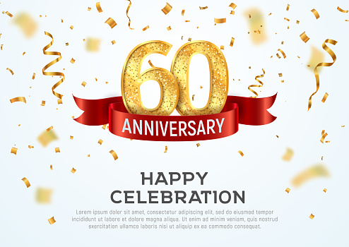 60 years anniversary vector banner template. Sixty years jubilee with red ribbon and confetti on white background.