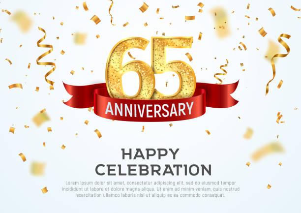 65 years anniversary vector banner template. Sixty-five year jubilee with red ribbon and confetti on white background. 65 years anniversary vector banner template Sixty-five year jubilee with red ribbon and confetti on white background 65th anniversary stock illustrations