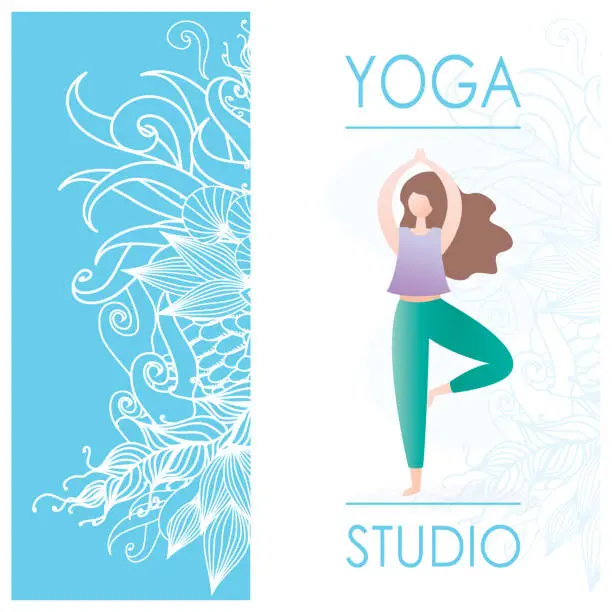 Vector illustration of Card for Woman yoga studio with floral ornament and girl doing yoga pose