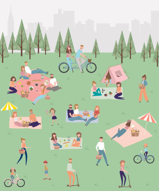 illustrazioni stock, clip art, cartoni animati e icone di tendenza di picnic estivo con vacanza attiva in famiglia con bambini, coppie, famiglie, relax sulla natura, andare in bicicletta e skateboard. - vector fun family healthy lifestyle