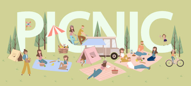 ilustraciones, imágenes clip art, dibujos animados e iconos de stock de picnic de verano con vacaciones familiares activas con niños, parejas, familias, relajarse en la naturaleza, andar en bicicleta y monopatín. - camping family vacations eating