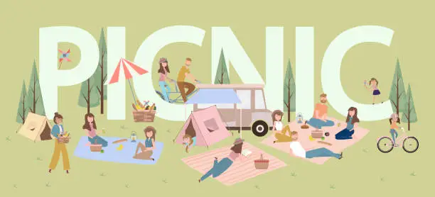Vector illustration of Summer picnic with active family vacation with kids, couples, families, relaxing on nature, ride bicycles and skateboard.