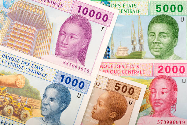 conjunto completo de dinero centroafricano, un fondo - french currency fotografías e imágenes de stock