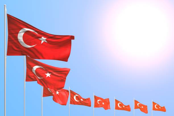 istock wonderful any feast flag 3d illustration
 - many Turkey flags placed diagonal on blue sky with space for content 1146187089