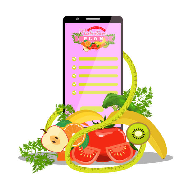 ilustrações, clipart, desenhos animados e ícones de smartphone com app da planta da dieta na tela e em frutas dietéticas, vegetais, fita de medição ao lado dele. ilustração do vetor. - symbol favorites internet orange