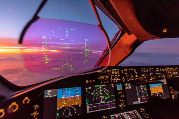 Cockpit of an airline in daylight.