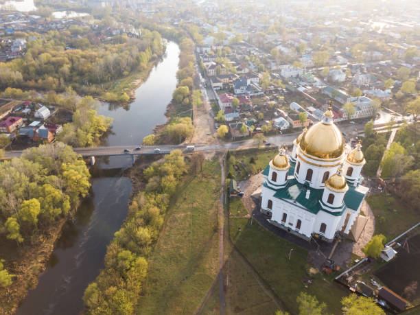 The city of Morshansk. Spring aerial view. Russia. Trinity Cathedral. River tsna Morshansk city. Spring aerial view. Russia. Trinity Cathedral. River tsna tambov russia stock pictures, royalty-free photos & images