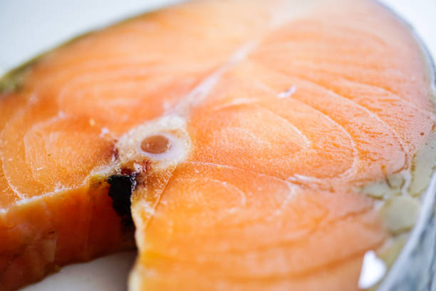 Salmon fish slice on white background : healthy diet food