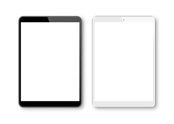 realistische vektordarstellung von white und black digital tablet template. moderne digitale geräte - equipment computer digitally generated image digital tablet stock-grafiken, -clipart, -cartoons und -symbole