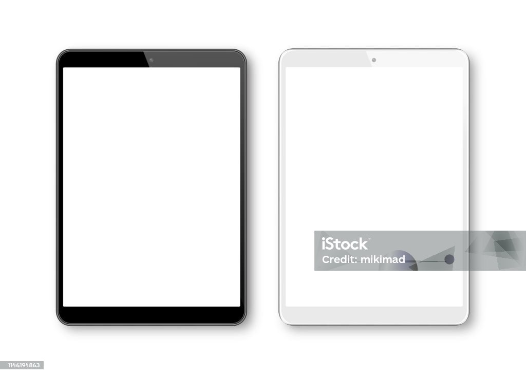 Illustration vectorielle réaliste de blanc et noir modèle de tablette numérique. Appareils numériques modernes - clipart vectoriel de Tablette numérique libre de droits