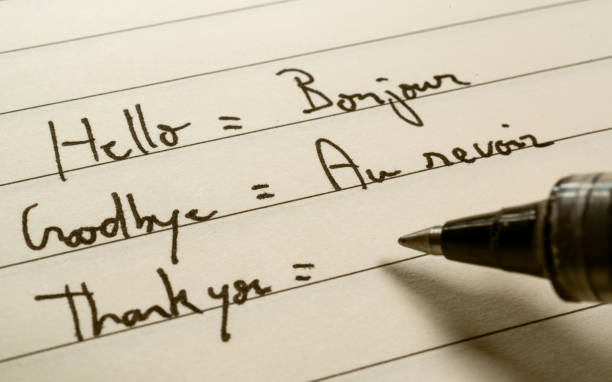 istock Beginner French language learner writing words in French for homework on a notebook close-up shot 1146196112