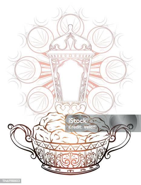 Black White Engraving Illustration Of Dates In A Luxurious Vase Lantern And Mandala Festive Treat For Ramadan Kareem Vector Hatching Element Stock Illustration - Download Image Now