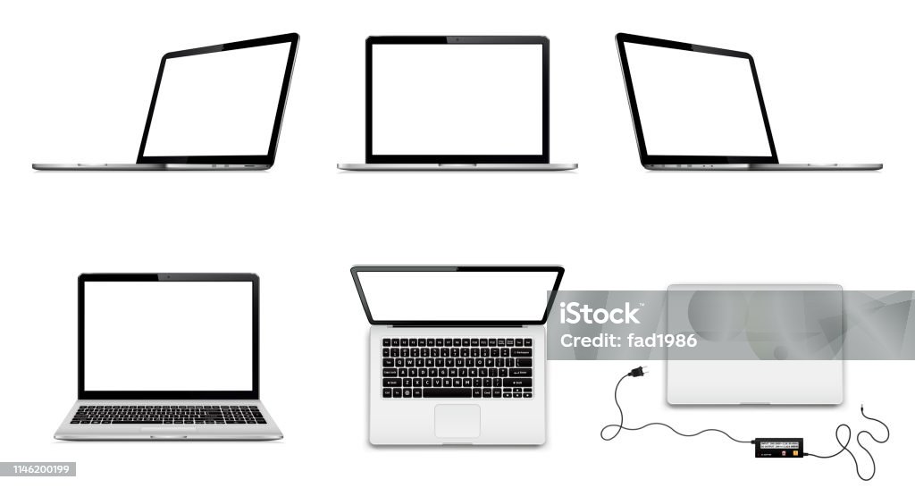 Set of vector laptops with blank screen in different positions Set of laptops in different positions. Laptop with blank screen isolated on white background. Vector illustration. Laptop stock vector
