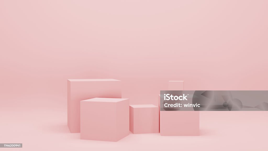 Stanza vuota rosa con forme geometriche, stand e pareti vuote, illustrazione 3d realistica. Scena vuota minimalista con quadrati, design grafico moderno. - Foto stock royalty-free di Scatola