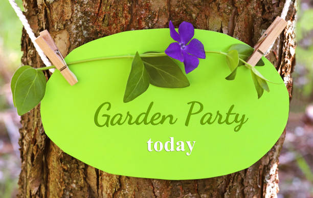 istock garden party today, shield on a tree trunk 1146216440