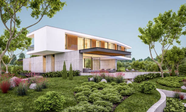 istock 3d rendering of modern house on the hill with pool in evening 1146219786